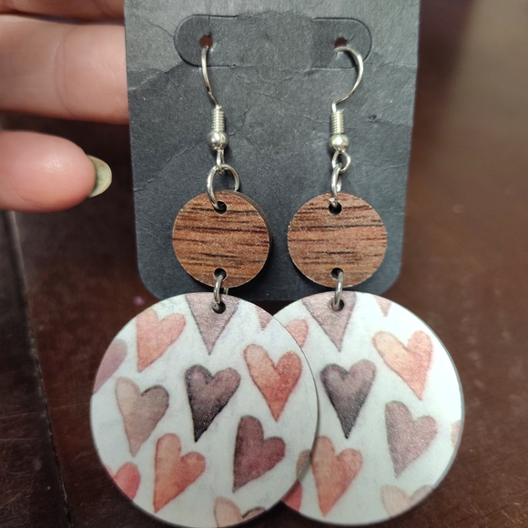 Heart Pattern Wooden Earrings - Picture 1 of 1